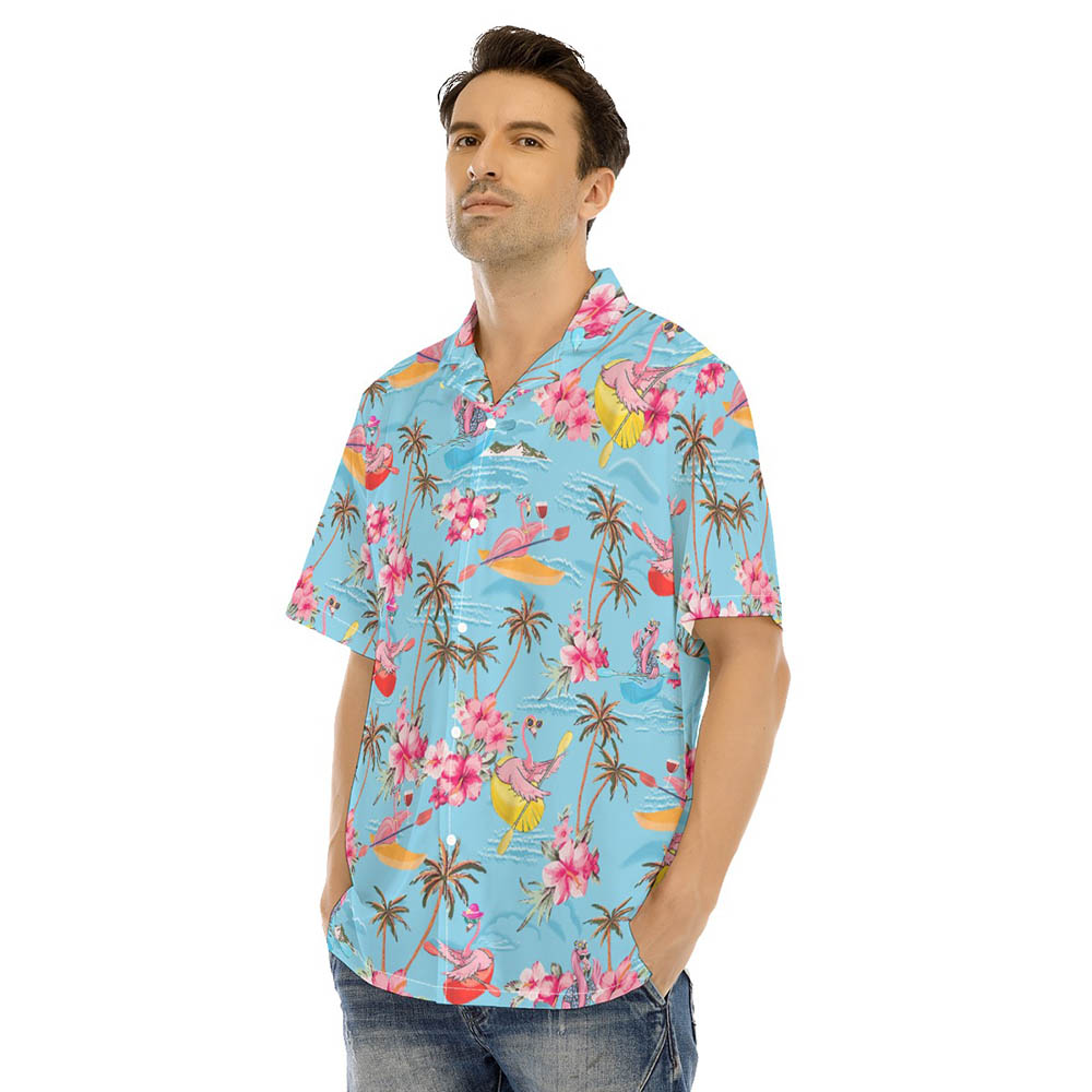 Kayaking Flamingo Palm Trees Blue Hawaiian Shirt