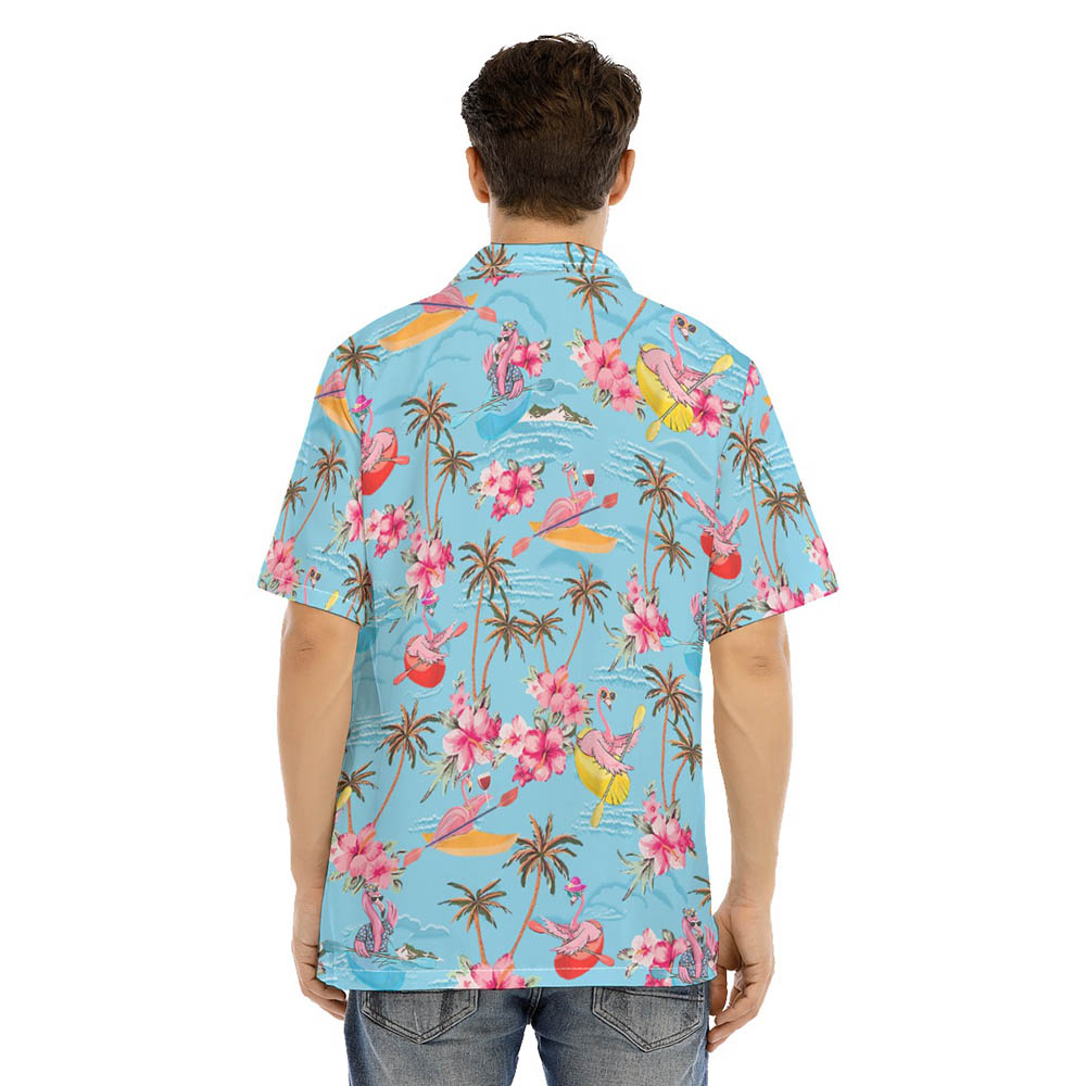 Kayaking Flamingo Palm Trees Blue Hawaiian Shirt