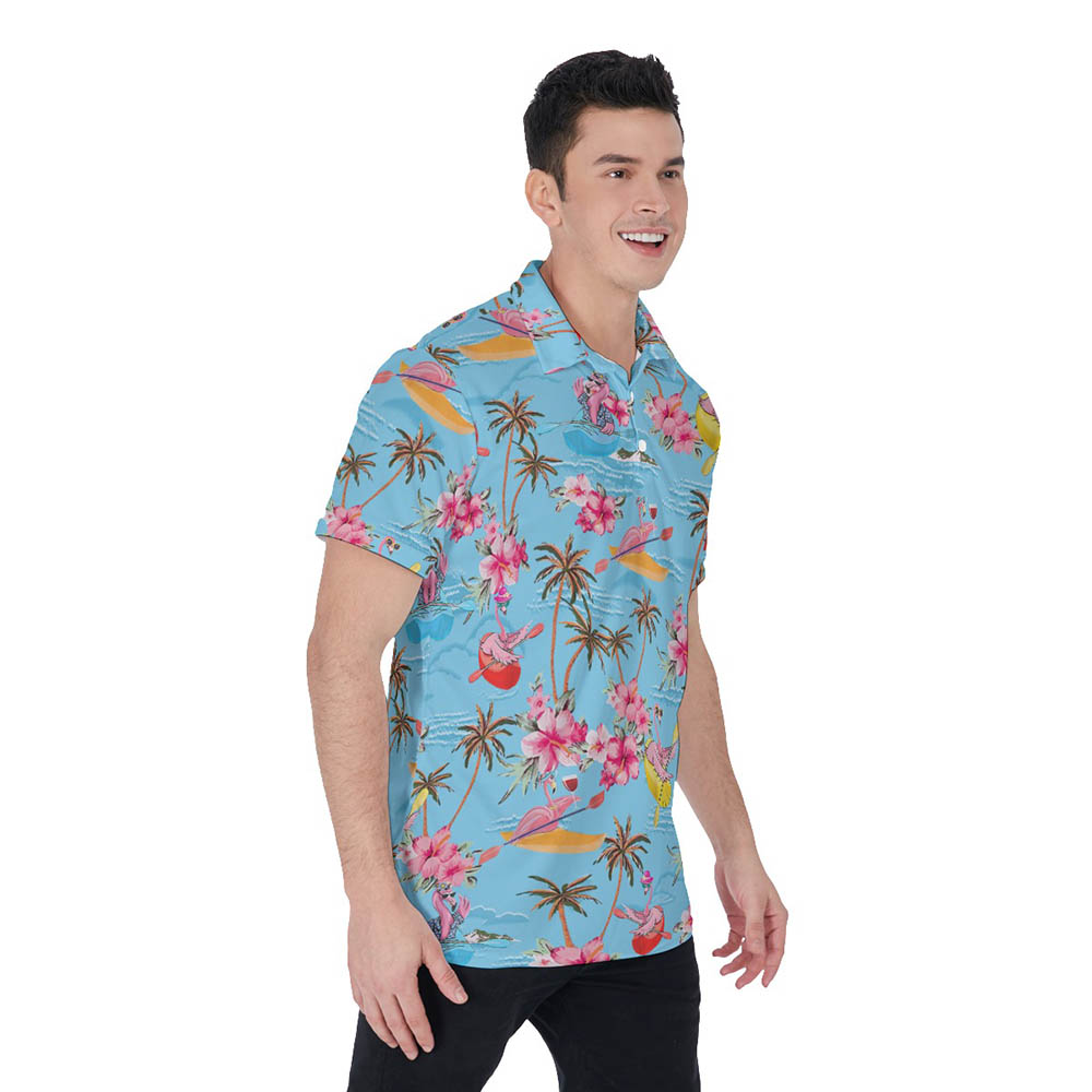 Funny Flamingo Kayaking Tropical Blue Hawaiian Polo Shirt For Men