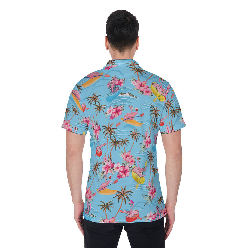 Funny Flamingo Kayaking Tropical Blue Hawaiian Polo Shirt For Men