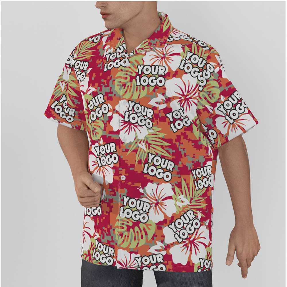 Camo Hibiscus Custom Logo Red Hawaiian Shirt