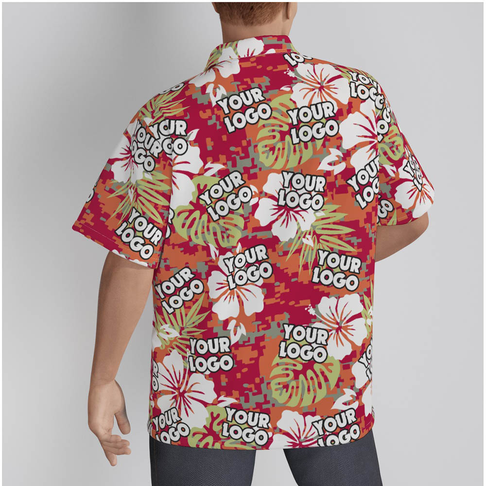 Camo Hibiscus Custom Logo Red Hawaiian Shirt