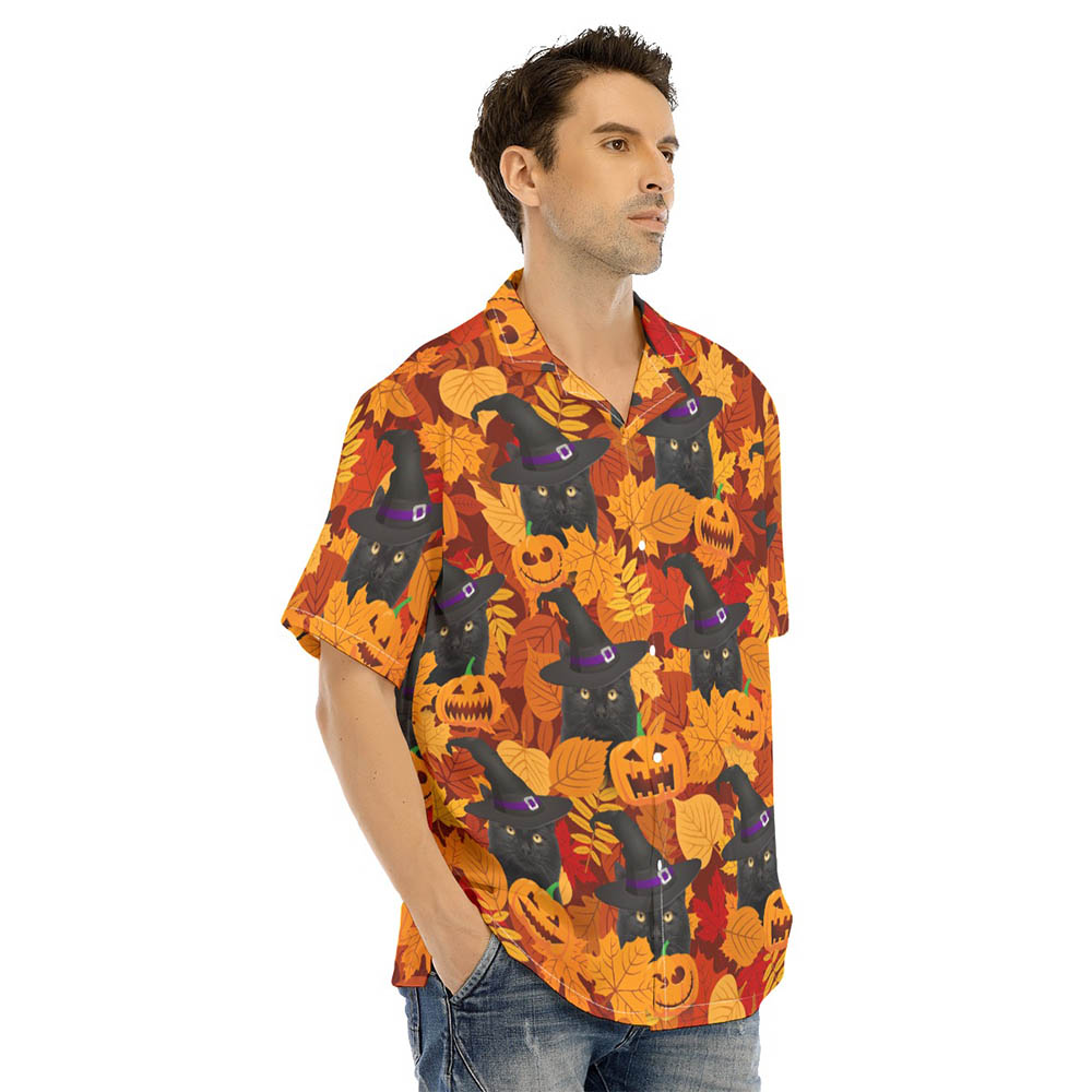 Funny Black Cat Witches Hat Halloween Hawaiian Shirt Costume