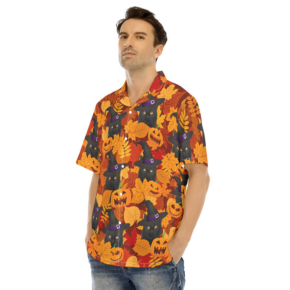 Funny Black Cat Witches Hat Halloween Hawaiian Shirt Costume