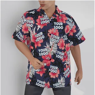 Navy Hibiscus Custom Logo Hawaiian Shirt