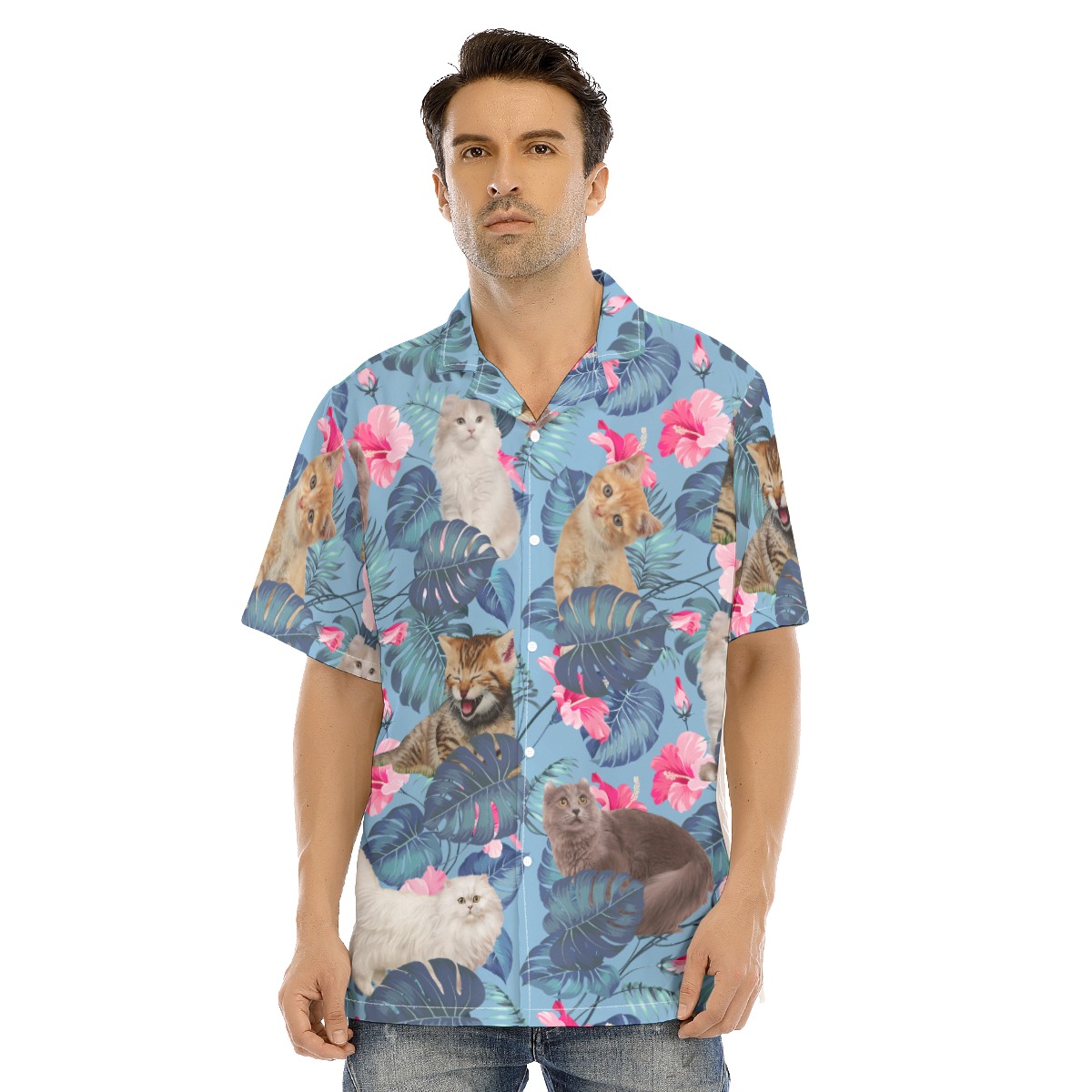 Tropical Cat Print Aloha Shirt For Men - variant image 1