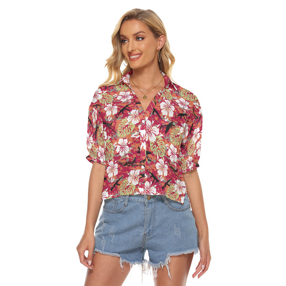 Camo Hibiscus Tactical Red Hawaiian Cropped Shirt For Women - variant image 1