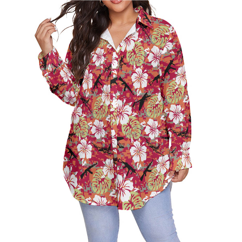 Cool Tactical Gun Camo Hibiscus Hawaiian Plus Size Shirt For Women - variant image 1