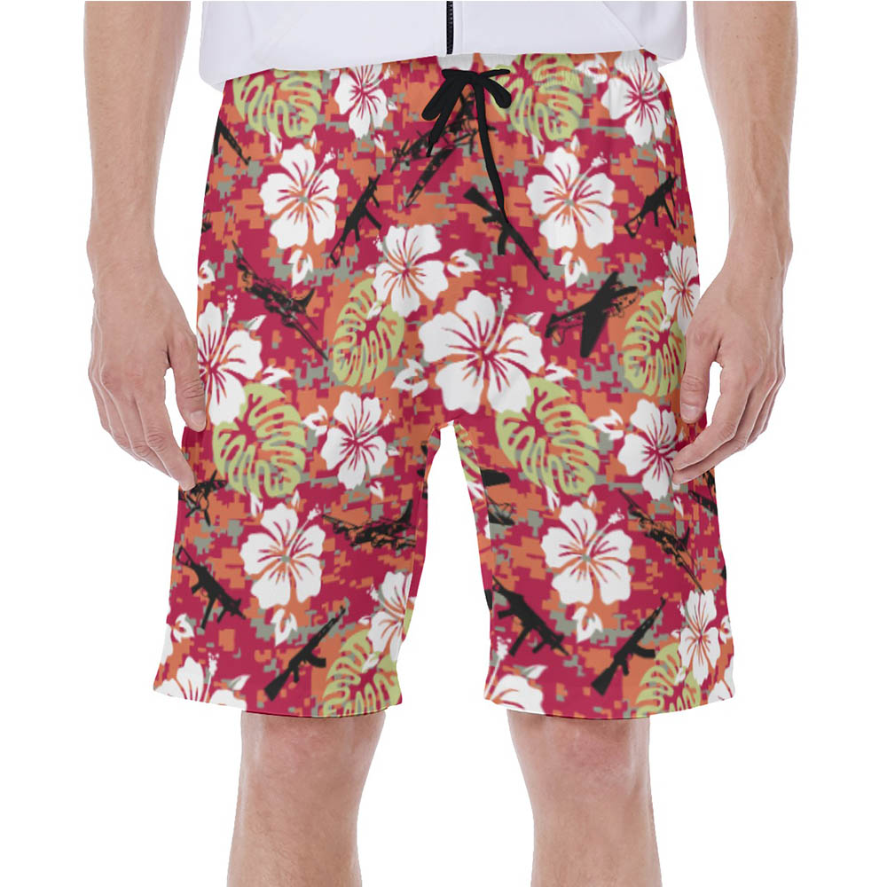 Cool Tactical Camo Hibiscus Red Hawaiian Swim Trunks For Men - variant image 1