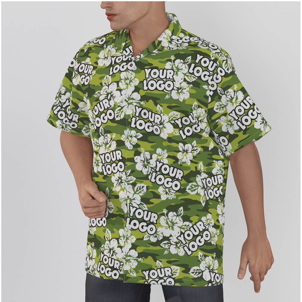 Camouflage Hibiscus Green Custom Logo Hawaiian Shirt