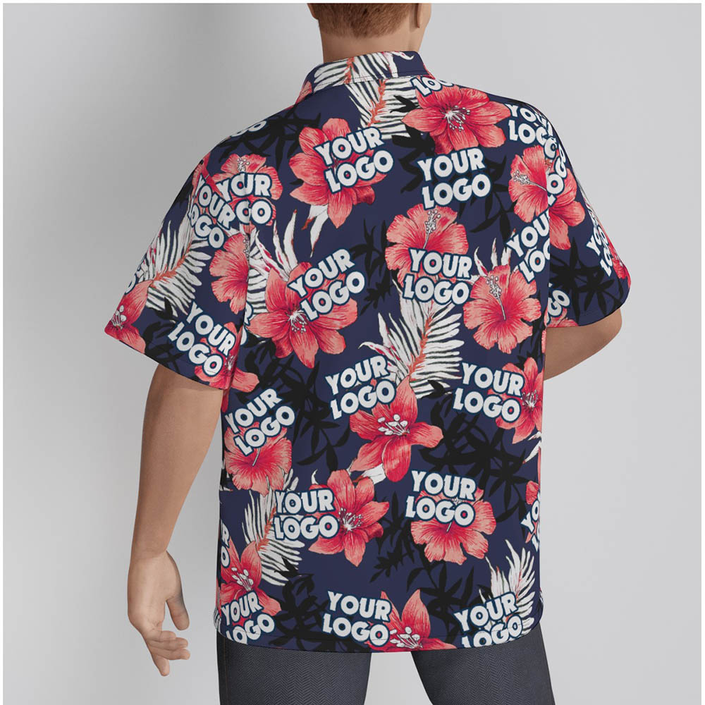 Navy Hibiscus Custom Logo Hawaiian Shirt