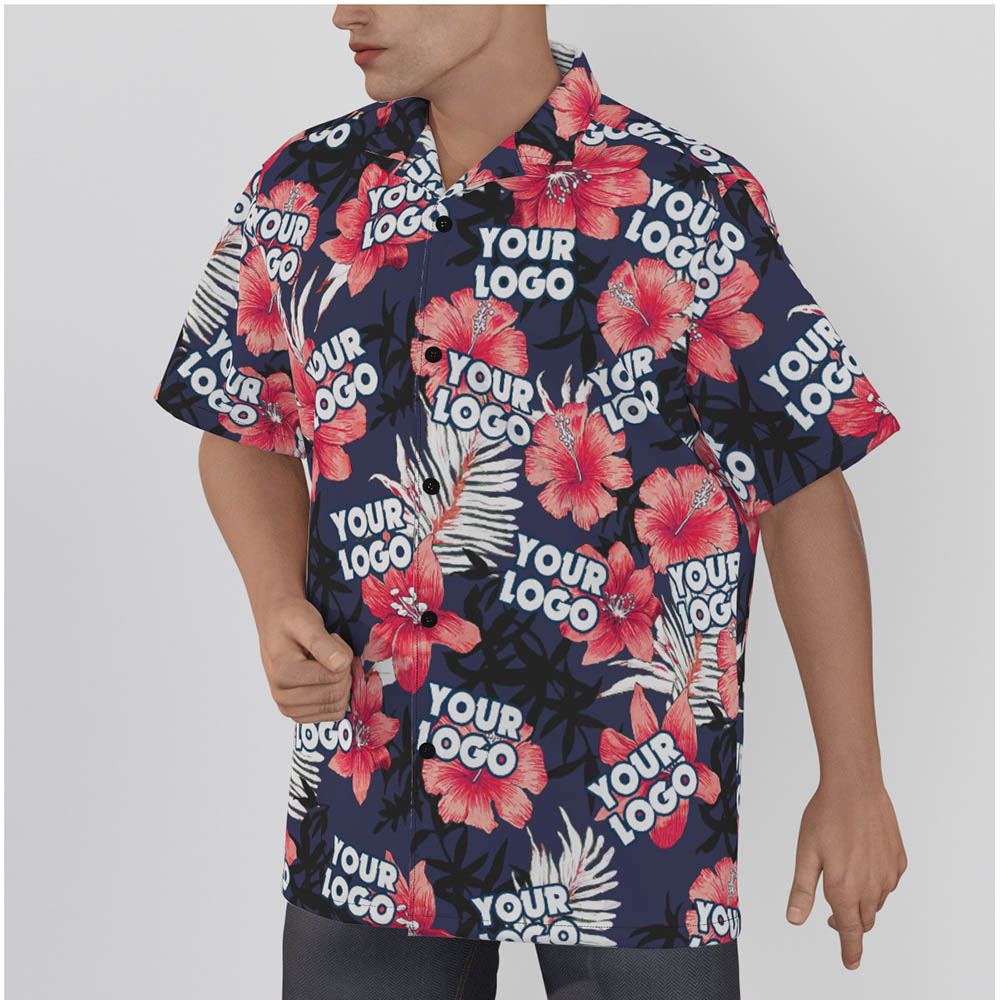 Navy Hibiscus Custom Logo Hawaiian Shirt