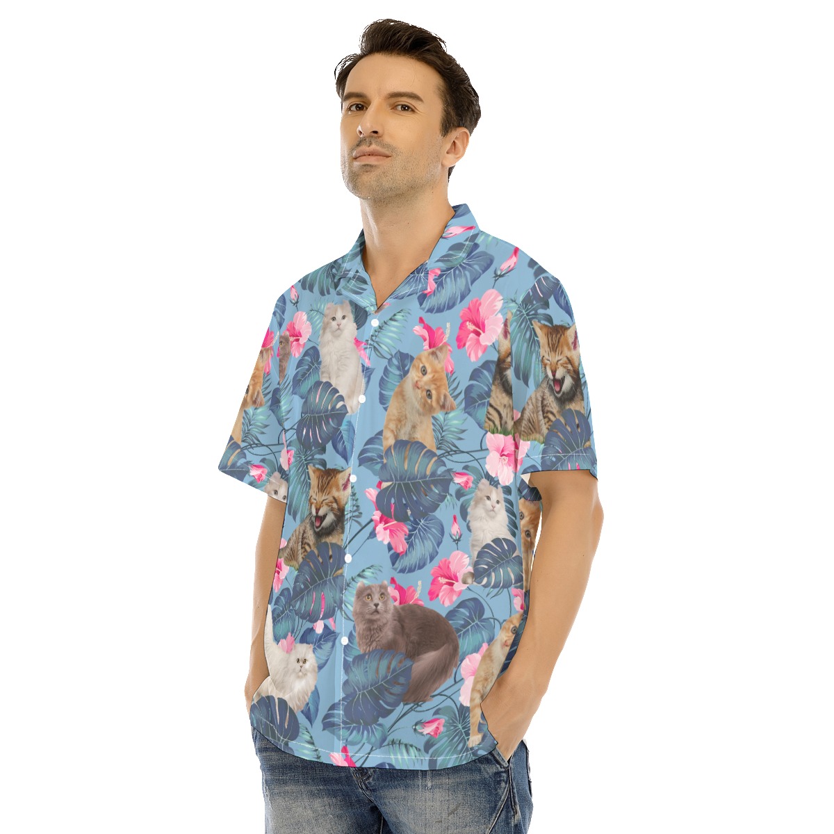 Tropical Cat Print Aloha Shirt For Men