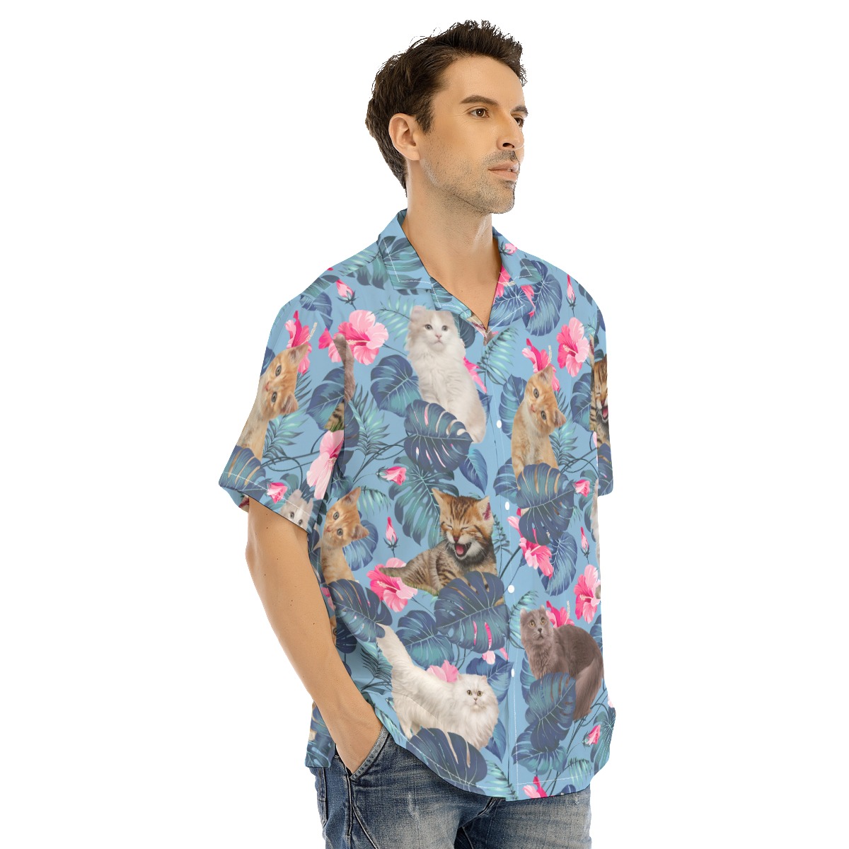 Tropical Cat Print Aloha Shirt For Men