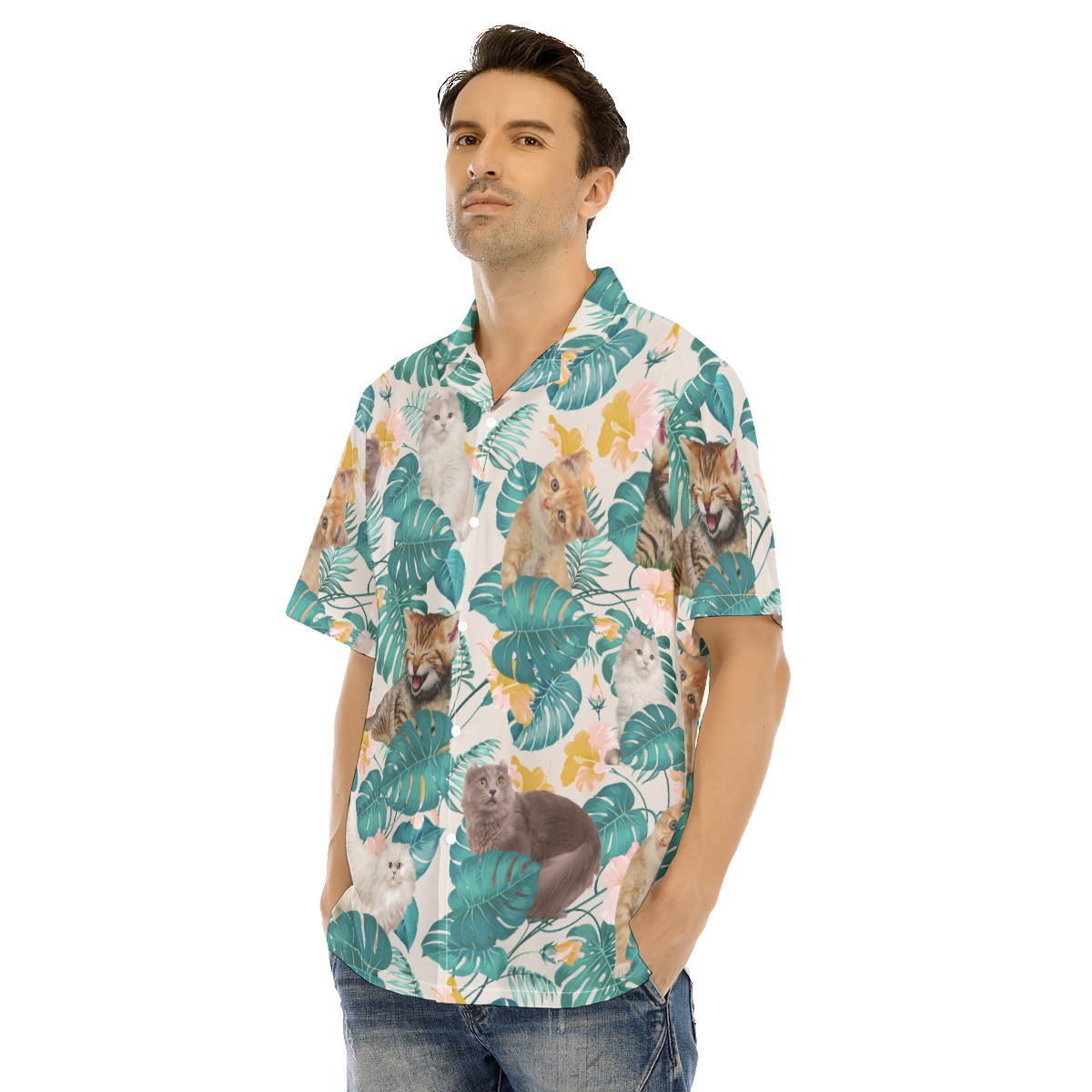 Lovely Cats Button Hawaiian Shirt For Men