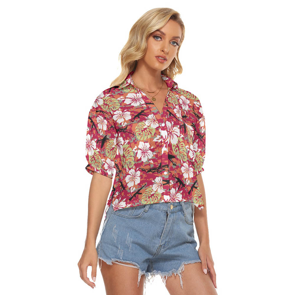 Camo Hibiscus Tactical Red Hawaiian Cropped Shirt For Women