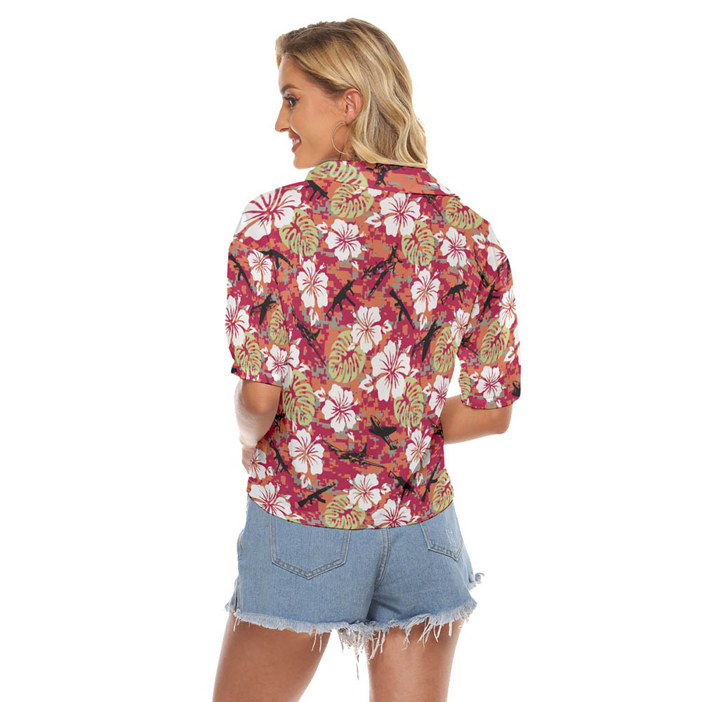 Camo Hibiscus Tactical Red Hawaiian Cropped Shirt For Women