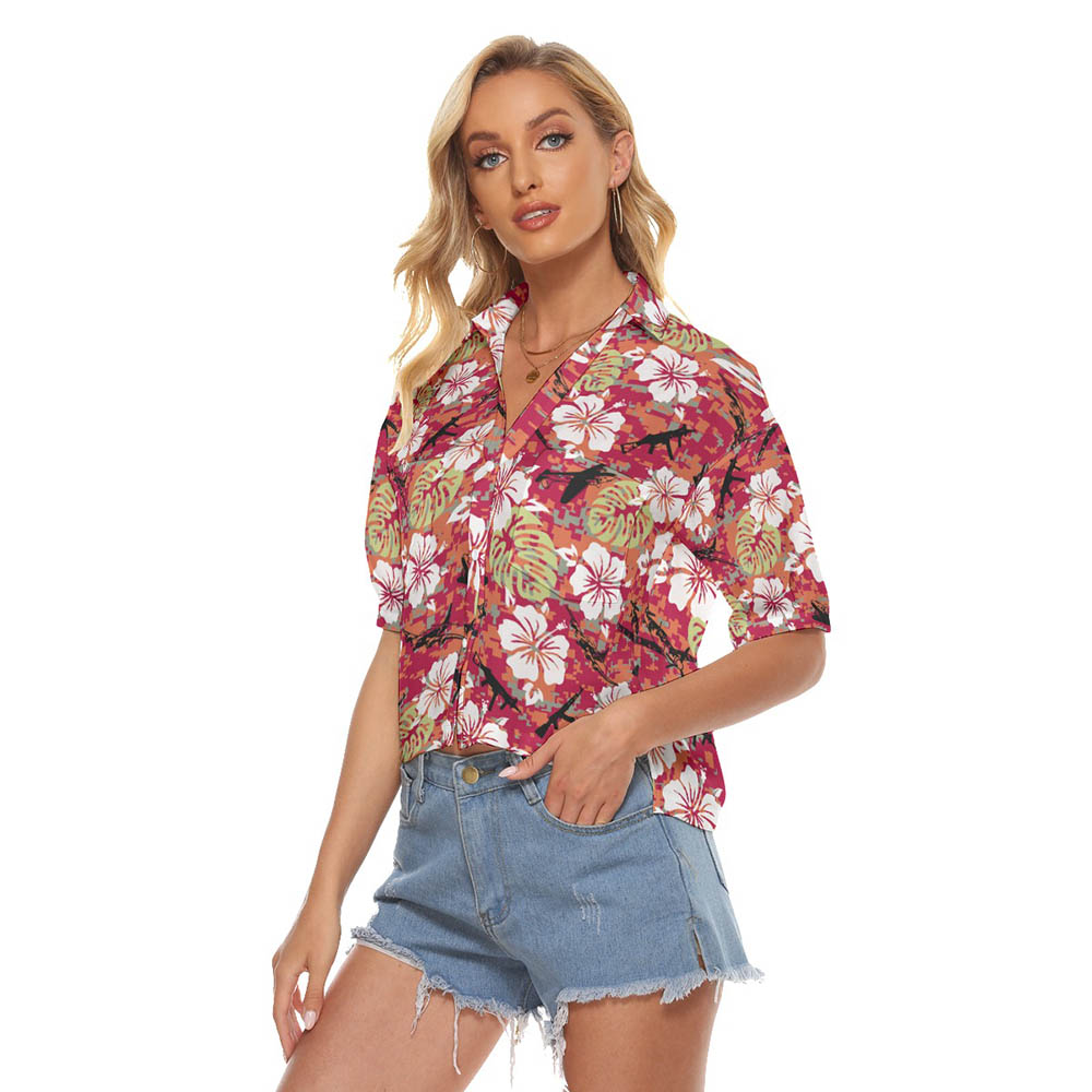 Camo Hibiscus Tactical Red Hawaiian Cropped Shirt For Women