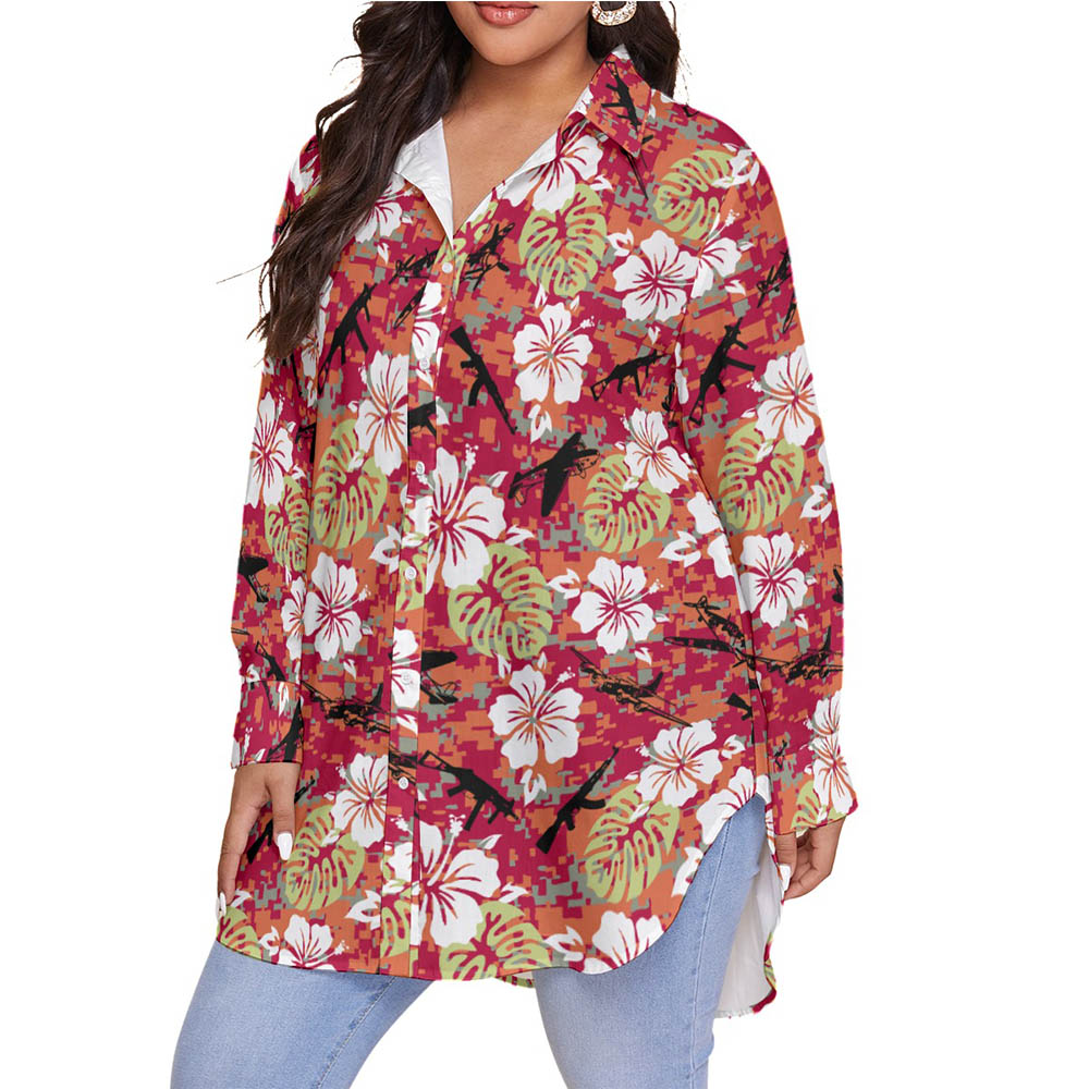 Cool Tactical Gun Camo Hibiscus Hawaiian Plus Size Shirt For Women