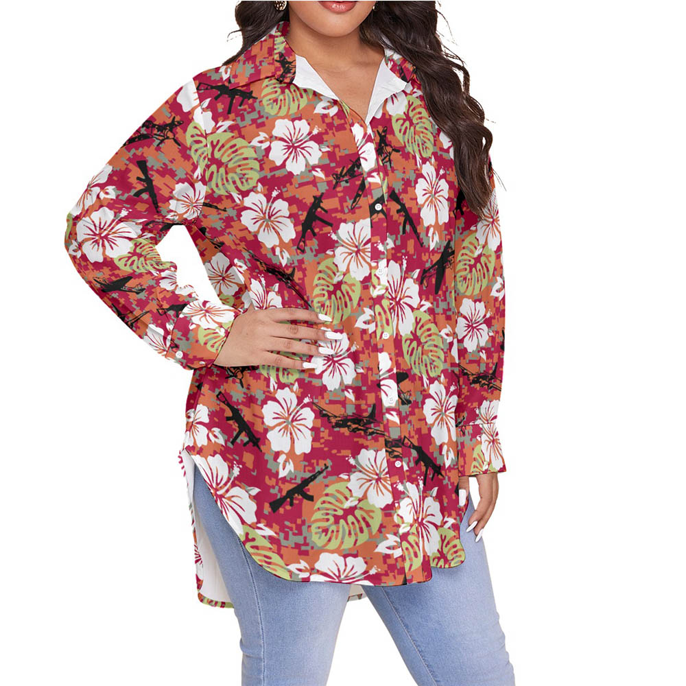 Cool Tactical Gun Camo Hibiscus Hawaiian Plus Size Shirt For Women