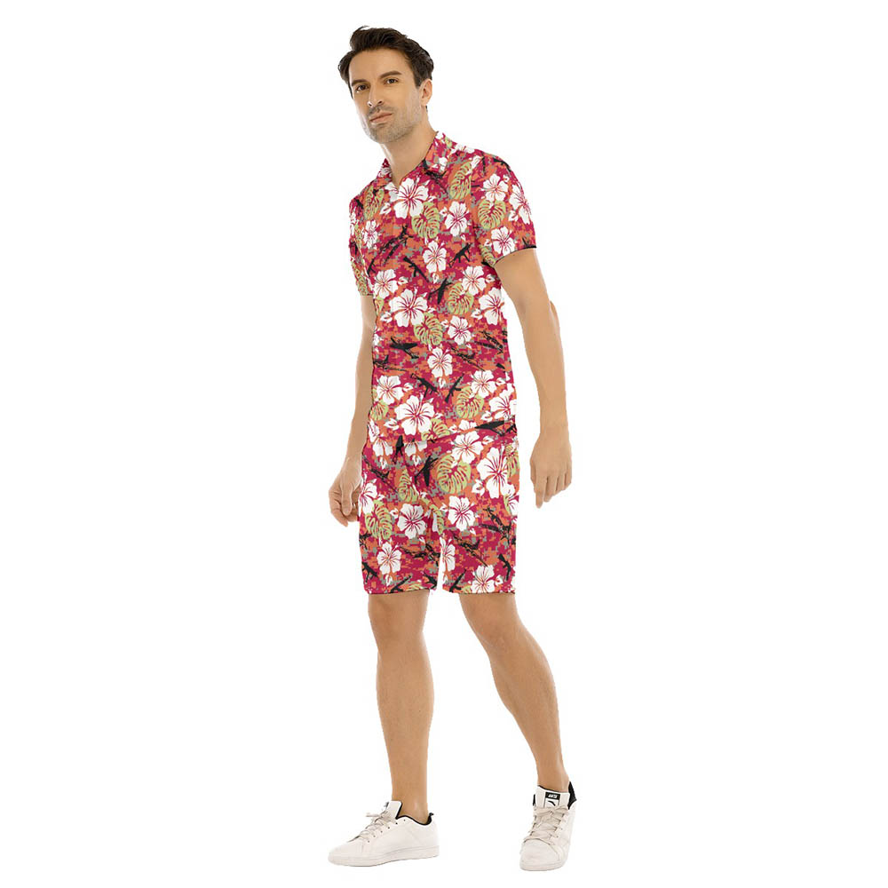Set Tactical Gun Camo Hibiscus Hawaiian Shirt And Matching Shorts For Men