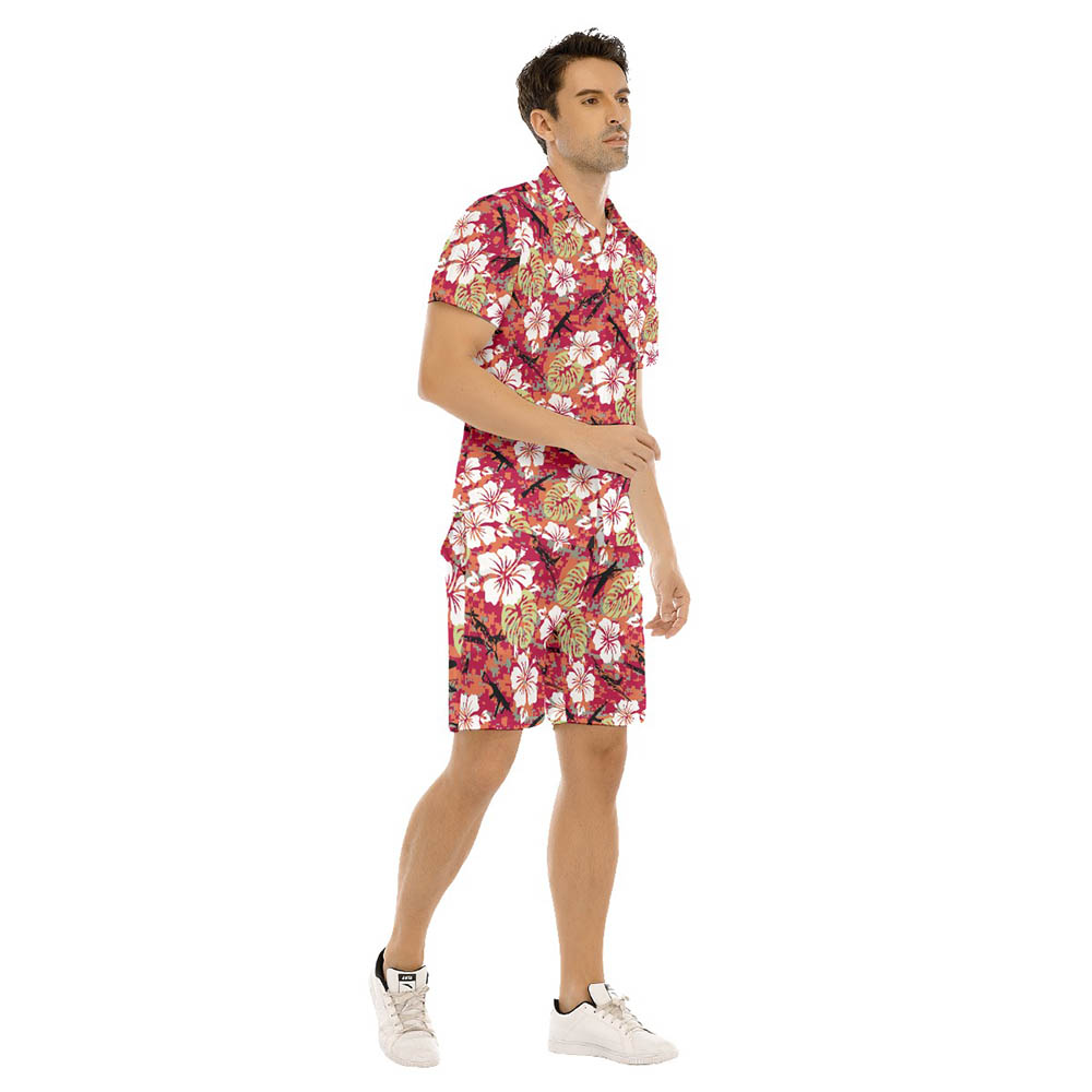 Set Tactical Gun Camo Hibiscus Hawaiian Shirt And Matching Shorts For Men