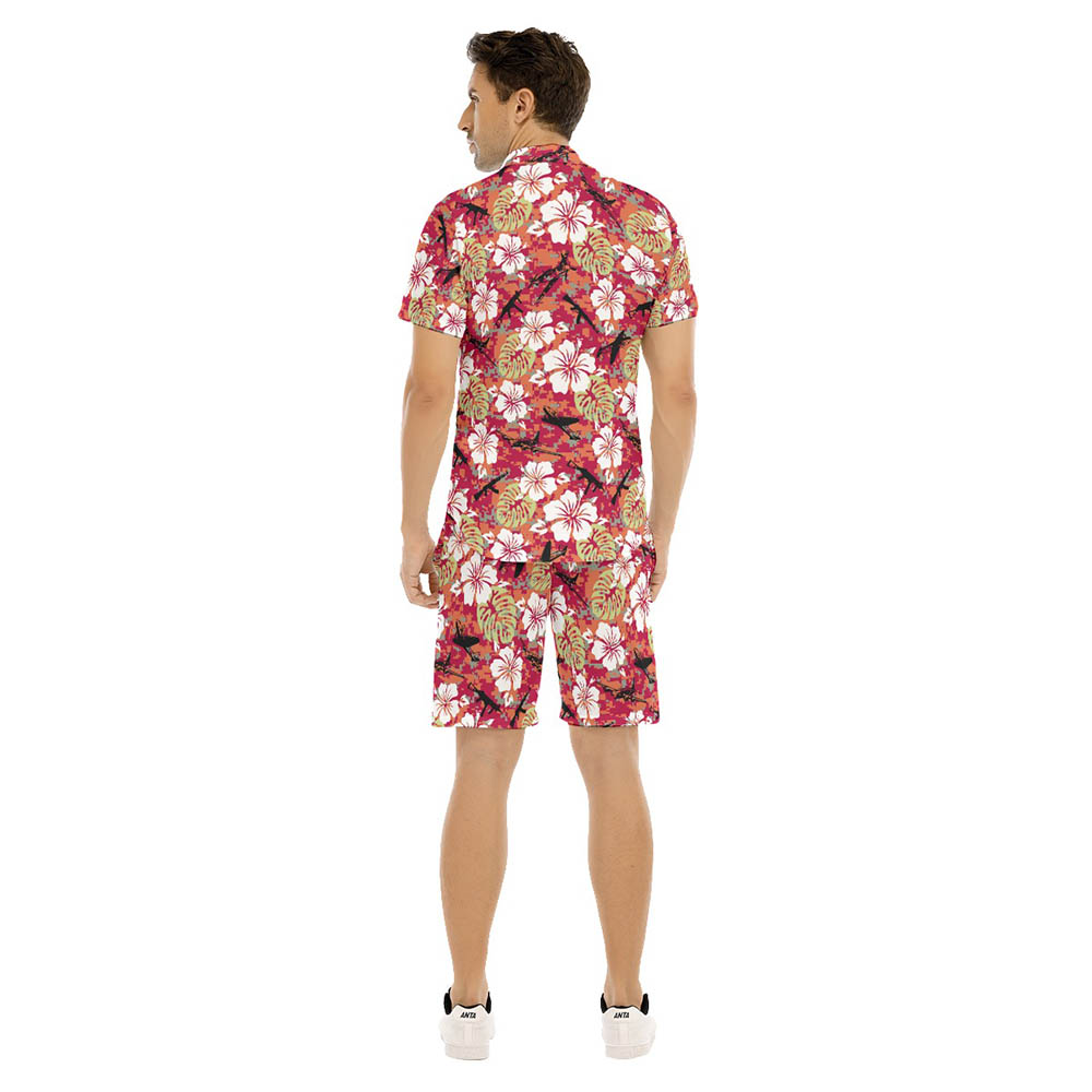 Set Tactical Gun Camo Hibiscus Hawaiian Shirt And Matching Shorts For Men