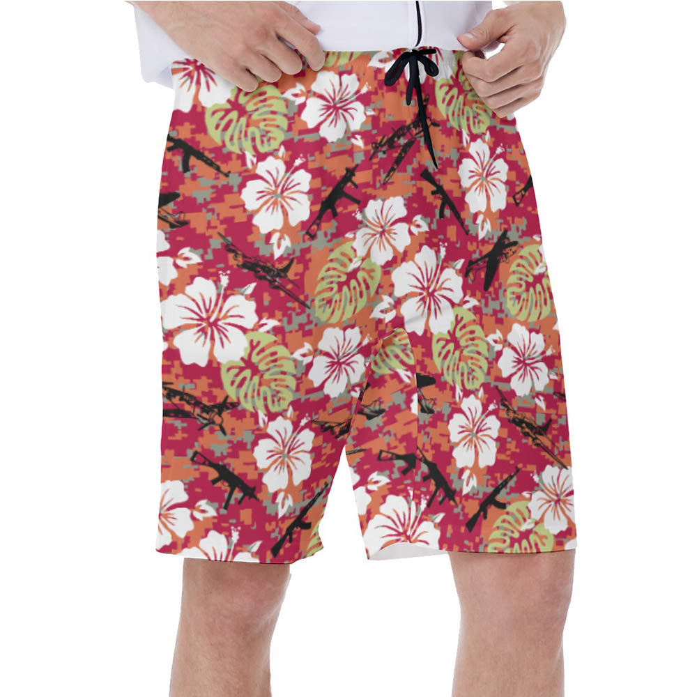 Cool Tactical Camo Hibiscus Red Hawaiian Swim Trunks For Men