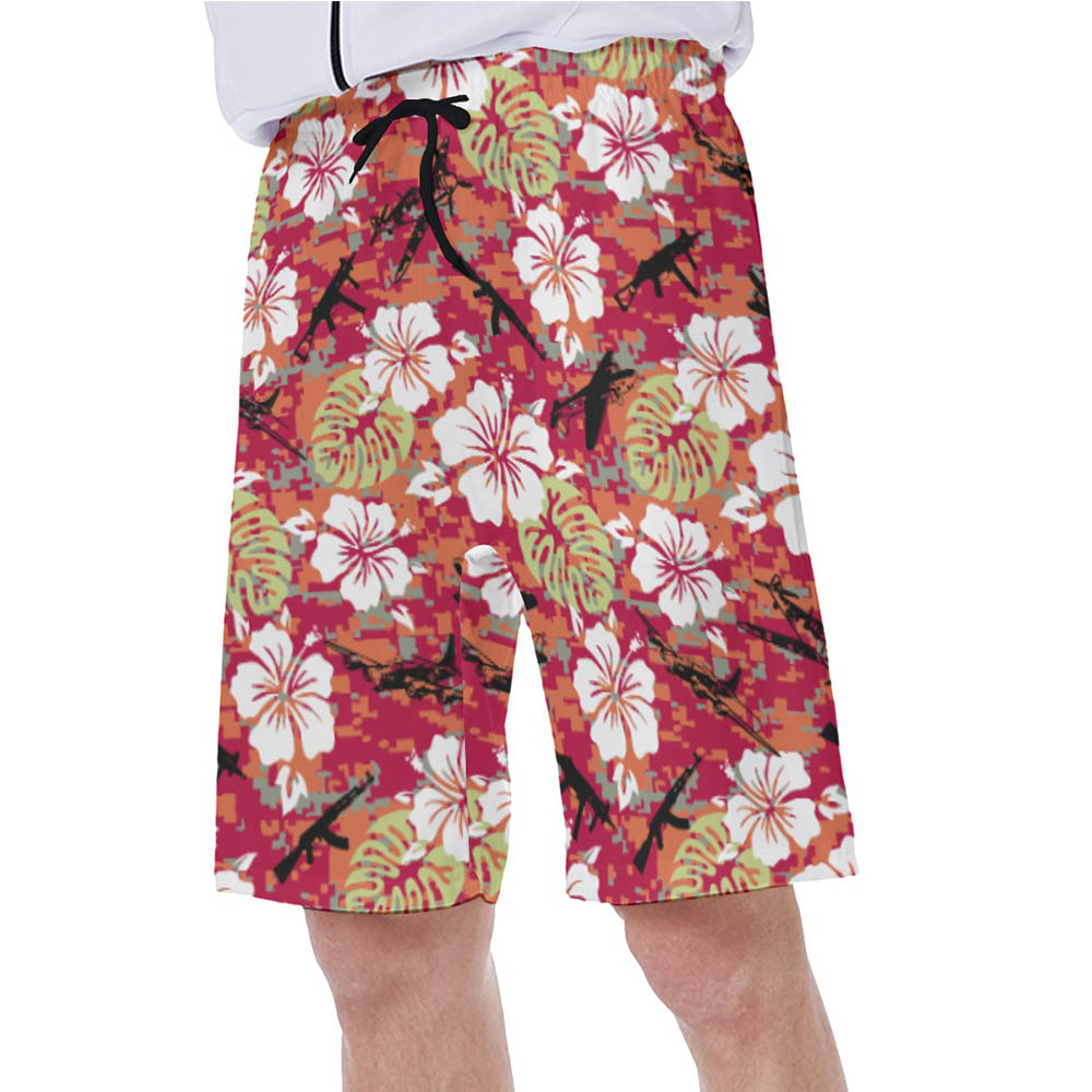 Cool Tactical Camo Hibiscus Red Hawaiian Swim Trunks For Men
