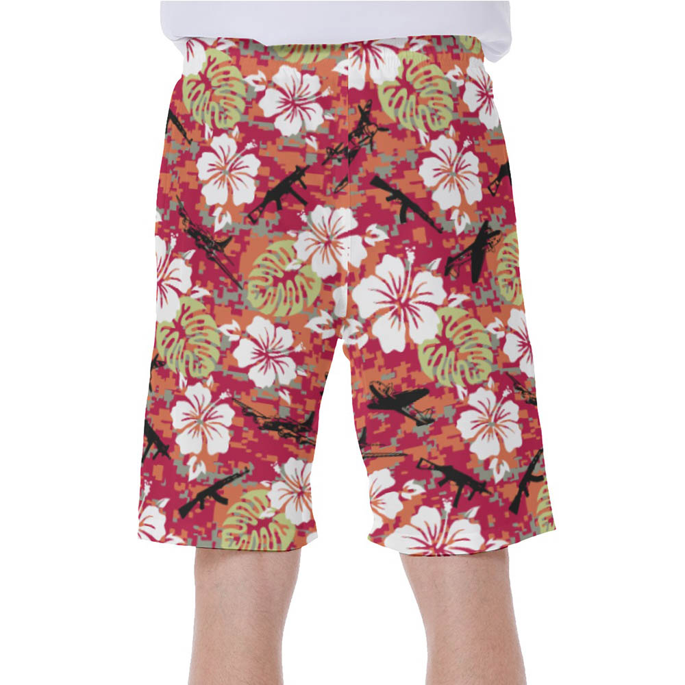 Cool Tactical Camo Hibiscus Red Hawaiian Swim Trunks For Men