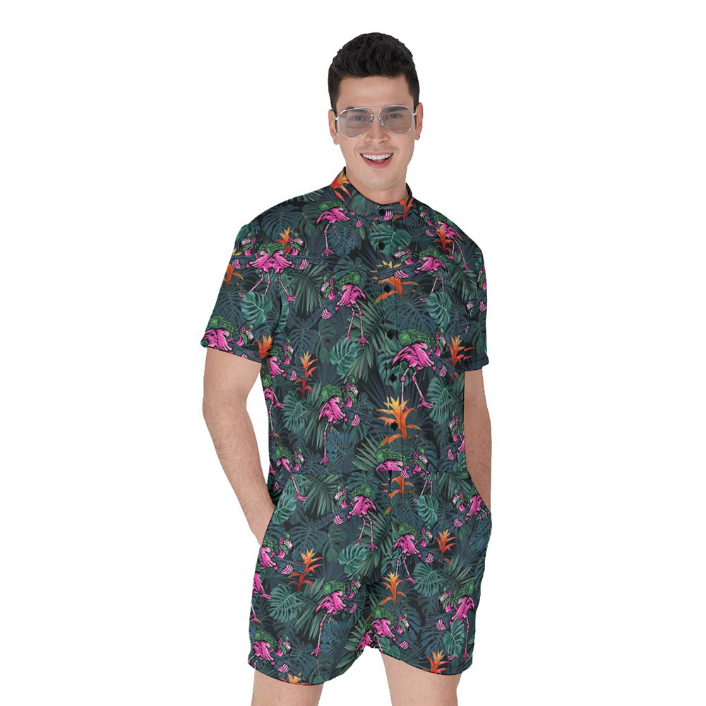 Funny Tactical Flamingo Tropical Men's Hawaiian Romper - variant image 1
