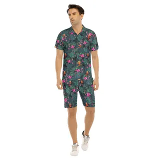 Set Tactical Flamingo Tropical Hawaiian Shirt And Matching Shorts For Men