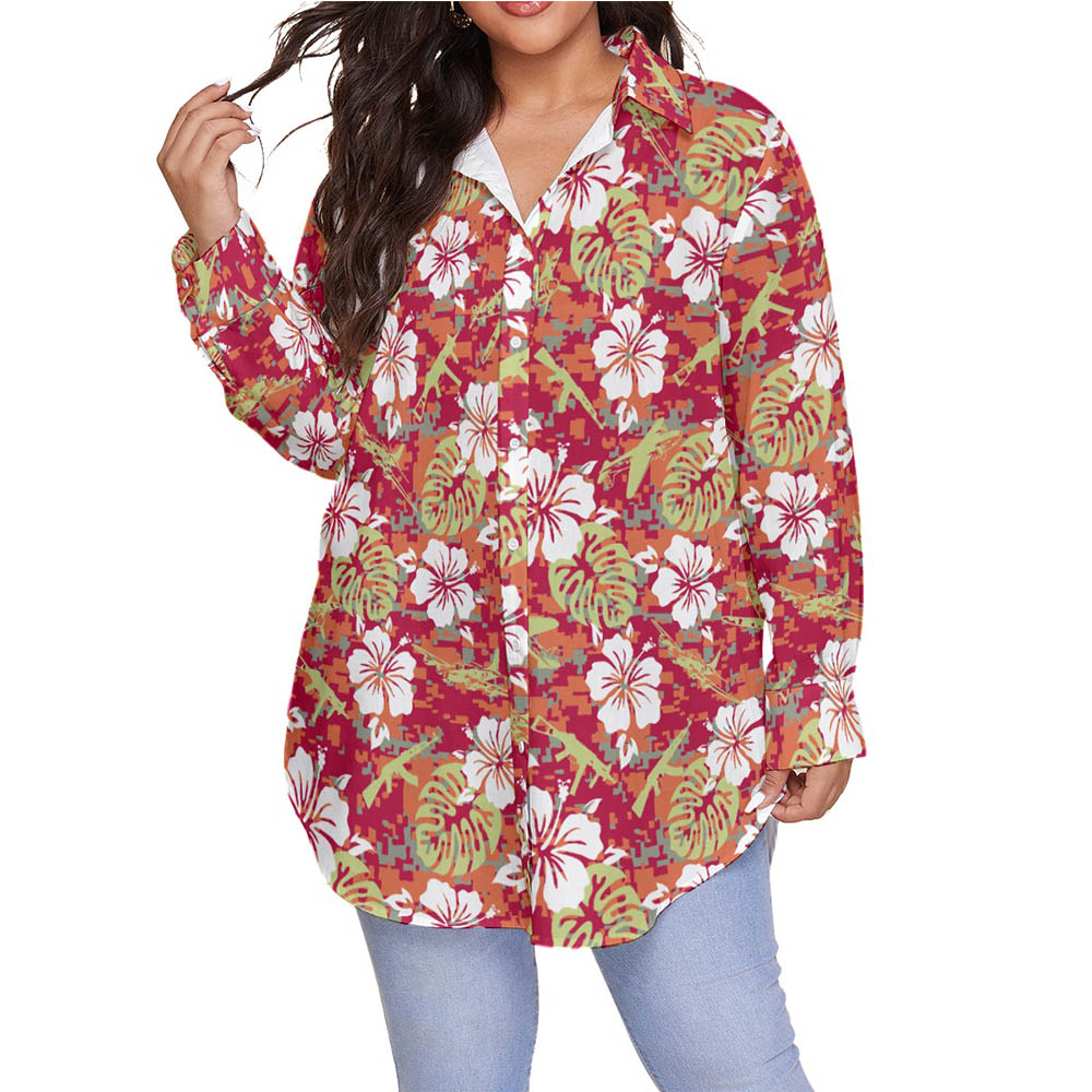 Camouflage Hibiscus Tactical Gun Hawaiian Plus Size Long Sleeve Shirt - variant image 1