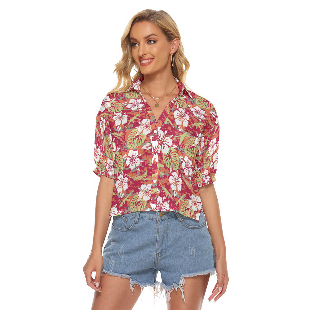 Cool Tactical Gun Camo Hibiscus Red Hawaiian Cropped Shirt - variant image 1