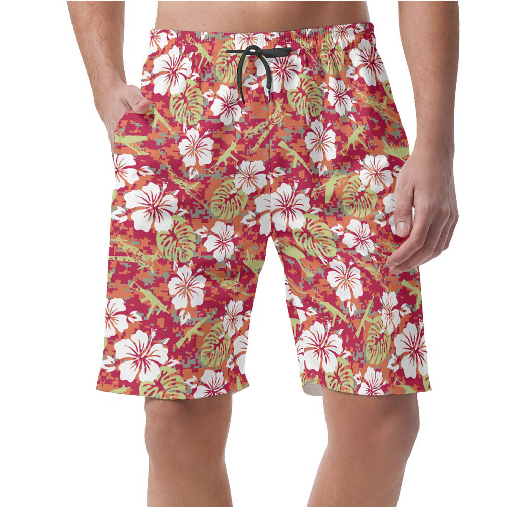 Vintage Camo Hibiscus Tactical Gun Hawaiian Beach Shorts - variant image 1
