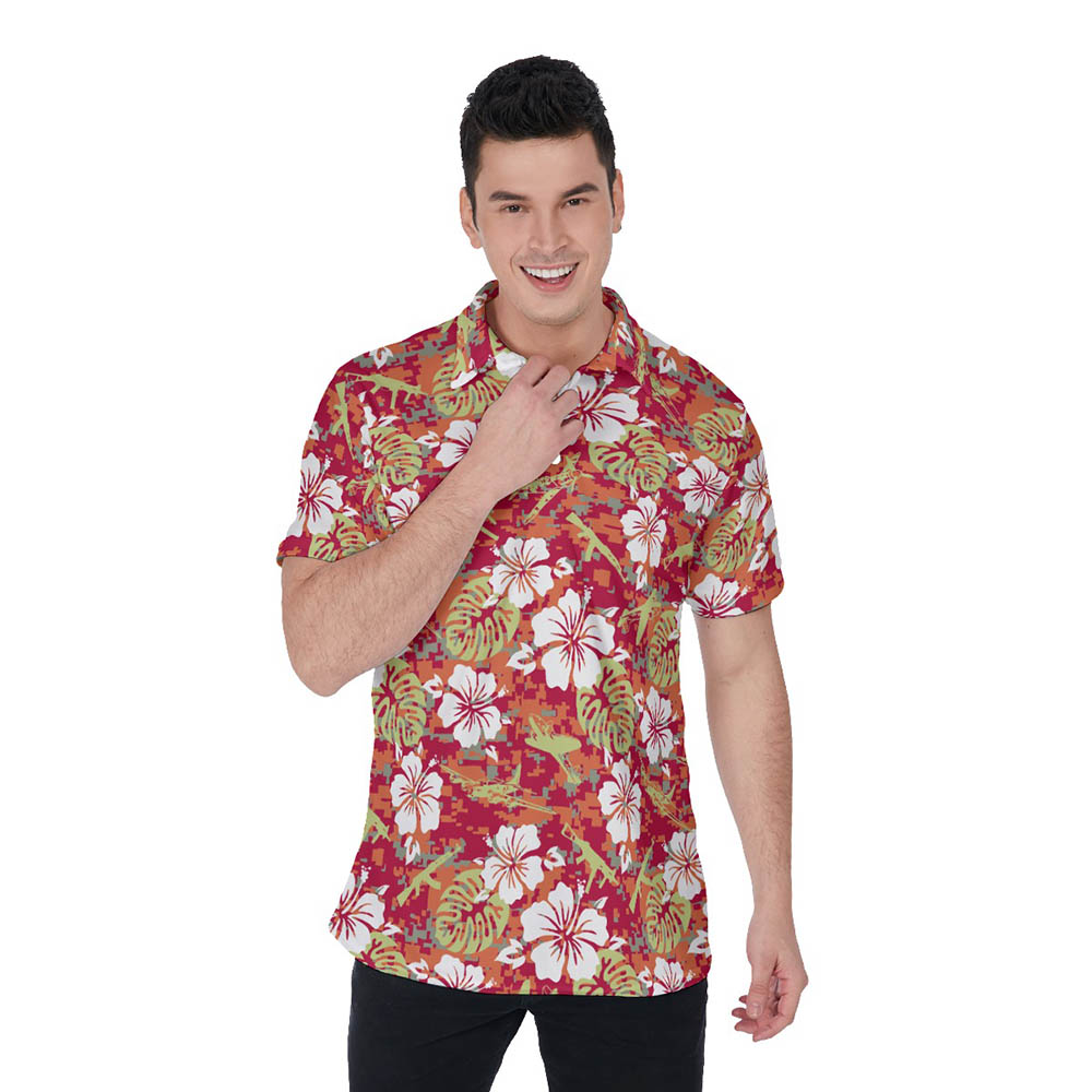 Red Hibiscus Camo Tactical Gun Hawaiian Polo Shirt - variant image 1