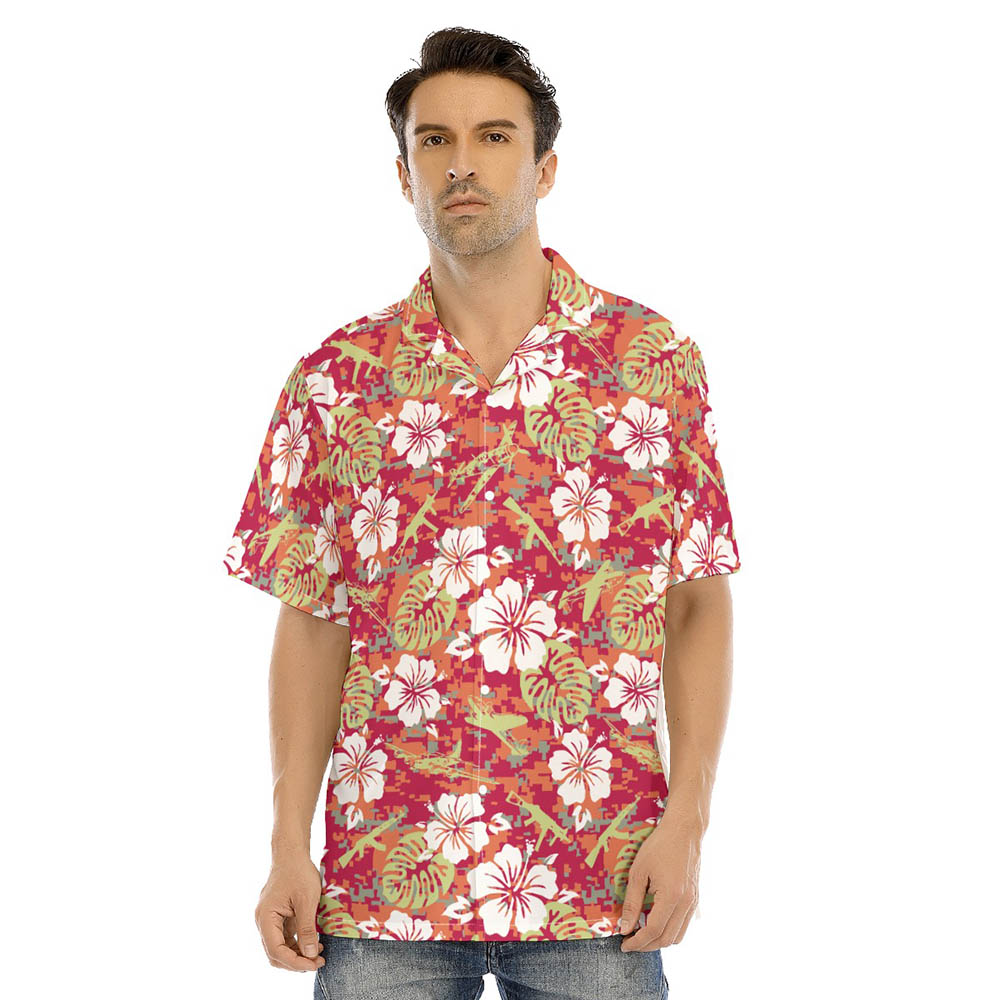 Camouflage Hibiscus Tactical Gun Red Hawaiian Shirt - variant image 1