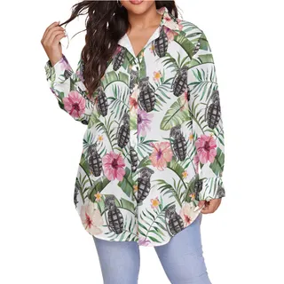 Floral Hibiscus Tactical Grenade Hawaiian Plus Size Shirt For Women