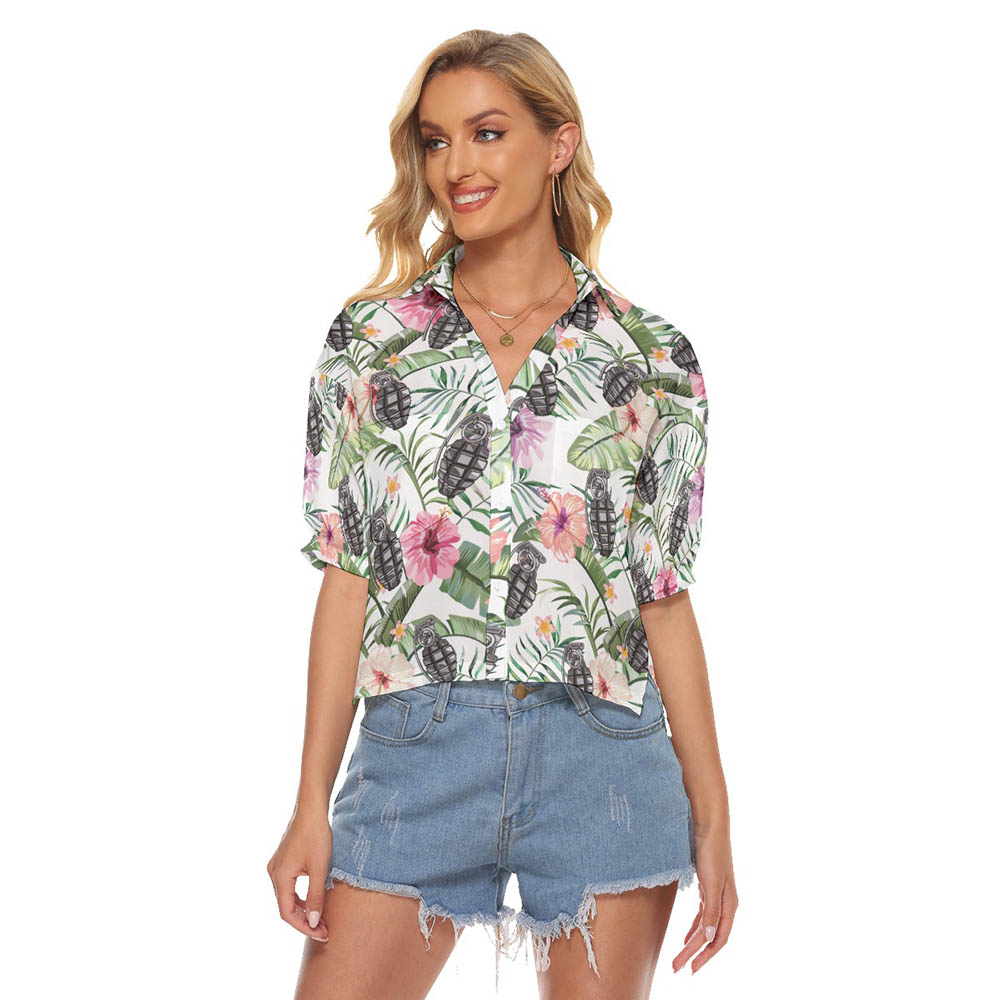 Hibiscus Tactical Grenade Hawaiian Cropped Shirt For Women - variant image 1