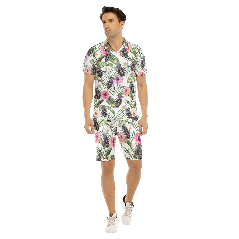 Set Tropical Hibiscus Tactical Grenade Hawaiian Shirt And Shorts For Men - variant image 1