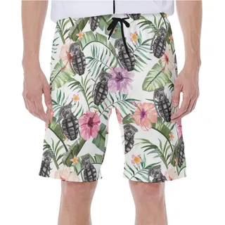 Funny Tactical Grenade Floral White Hawaiian Swim Trunks For Men