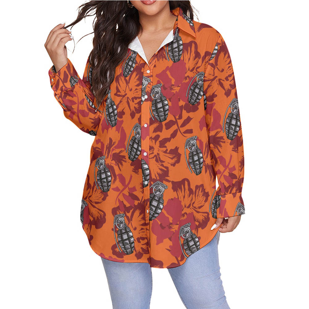 Floral Tactical Grenade Orange Hawaiian Blouse Shirt For Women - variant image 1