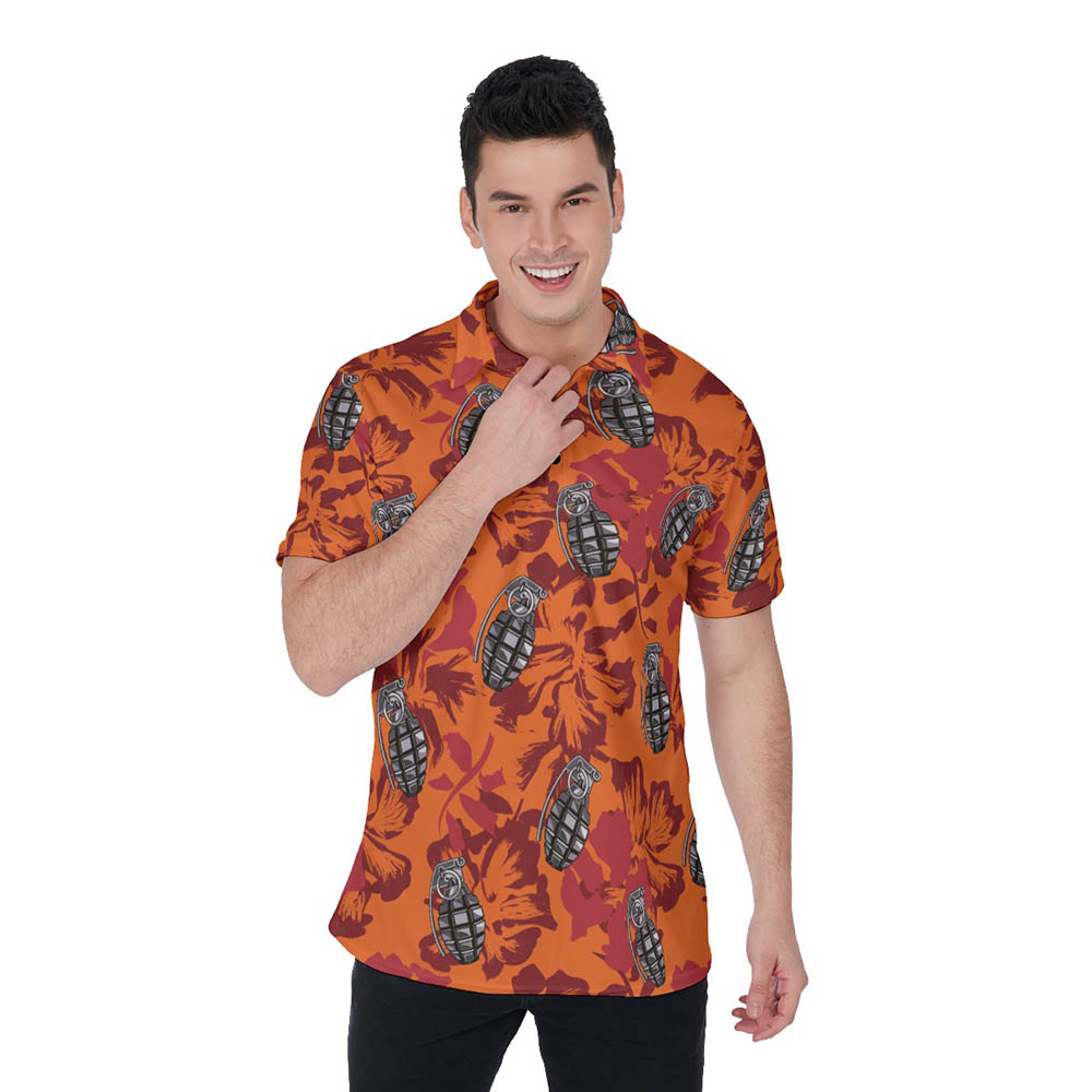 Tactical Grenade Hibiscus Vintage Orange Hawaiian Polo Shirt For Men - variant image 1