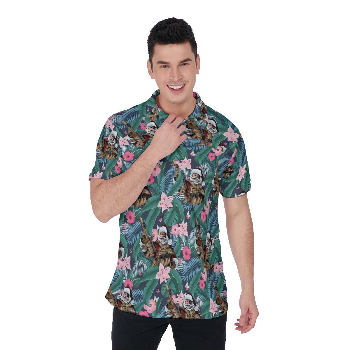 Tropical Santa Claus Tactical Gun Hawaiian Polo Shirt - variant image 1