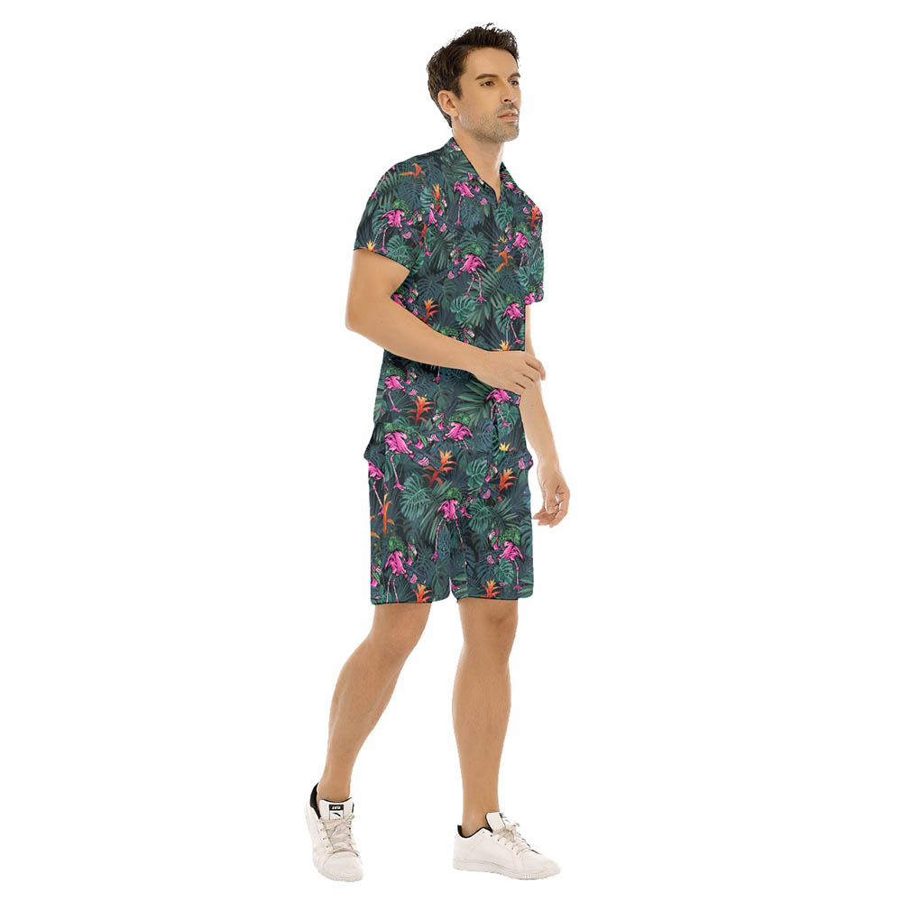 Set Tactical Flamingo Tropical Hawaiian Shirt And Matching Shorts For Men