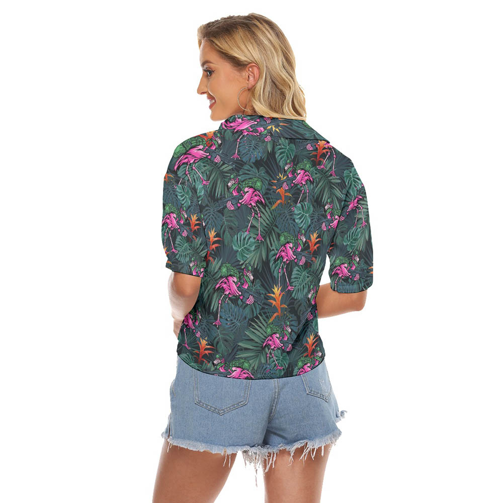 Tropical Flamingo With Gun Hawaiian Crop Top Shirt