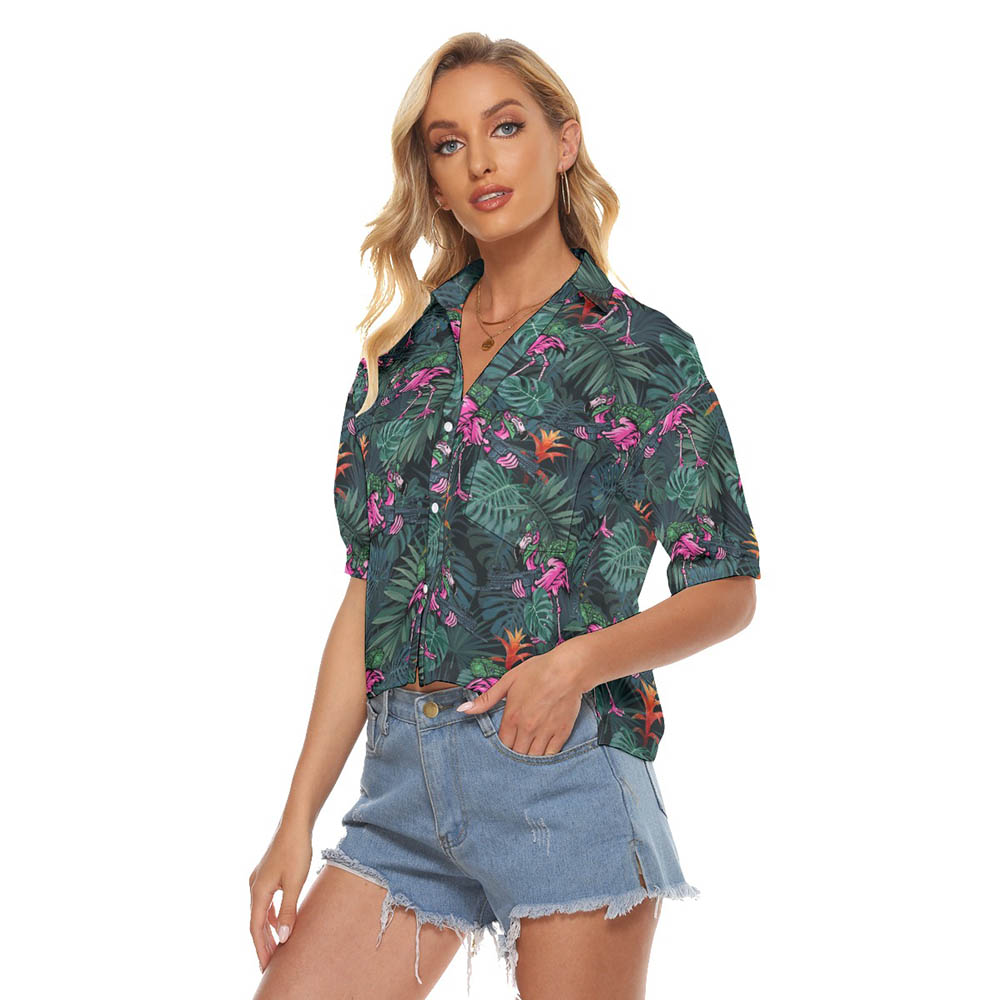 Tropical Flamingo With Gun Hawaiian Crop Top Shirt