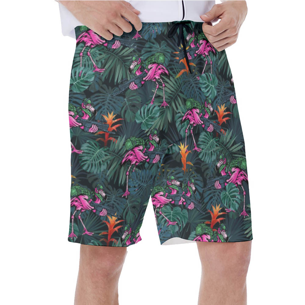 Tropical Tactical Flamingo Green Hawaiian Swim Trunks For Men