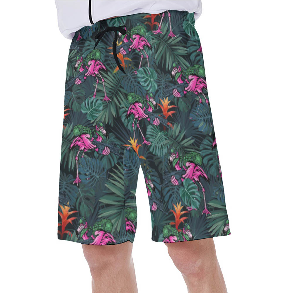Tropical Tactical Flamingo Green Hawaiian Swim Trunks For Men