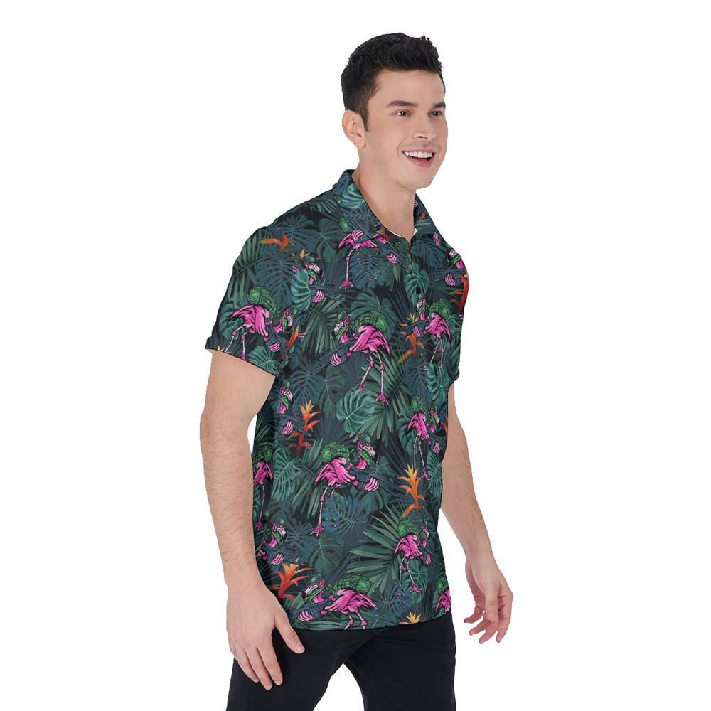 Funny Tactical Flamingo Tropical Hawaiian Polo Shirt For Men